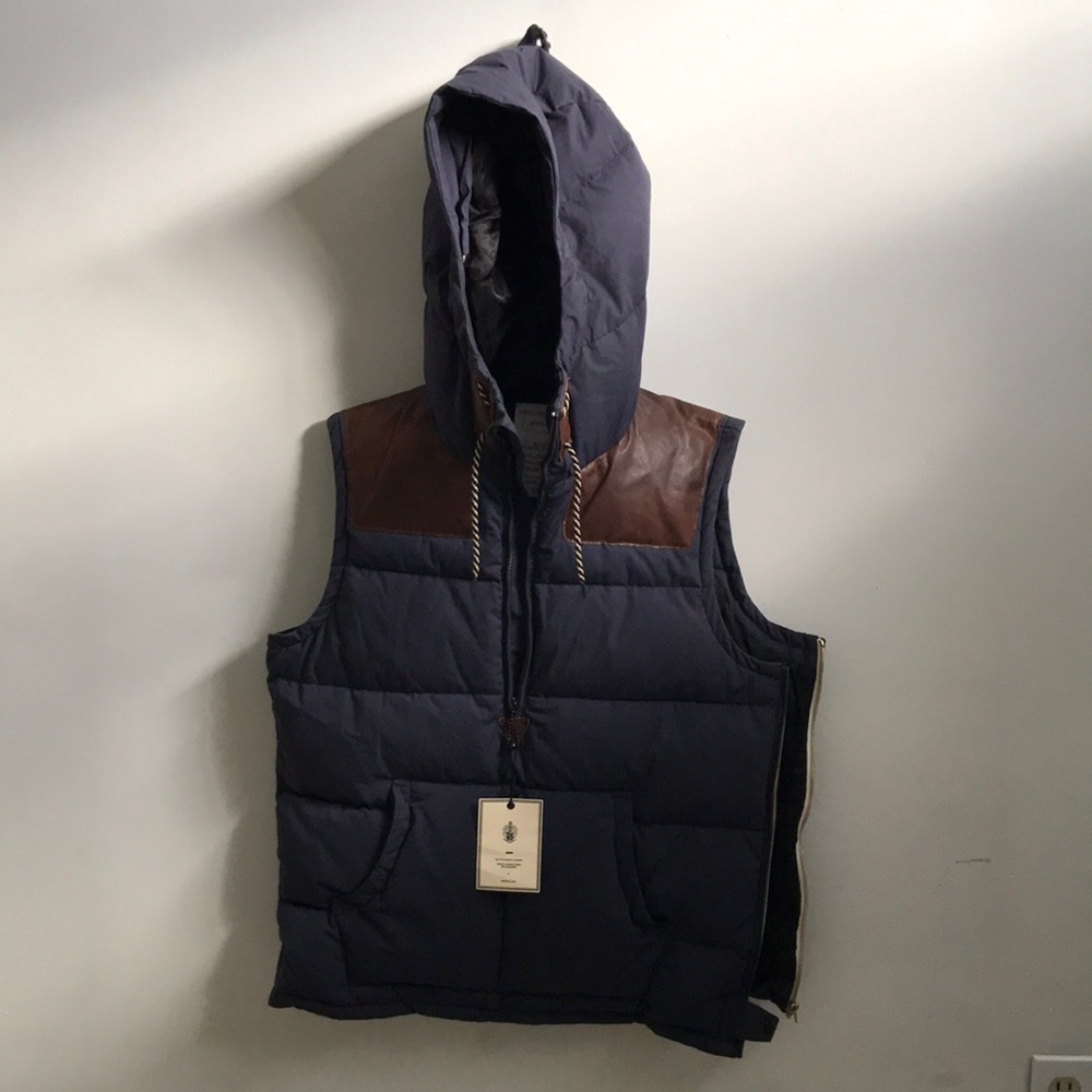 Quilted Vest with Leather Shoulder Patches and Hood
